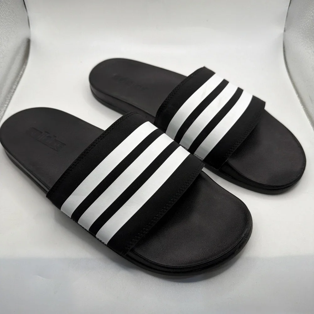 Adidas Adilette Comfort Slides - Black White Stripes - Men's 9 - Women's 10